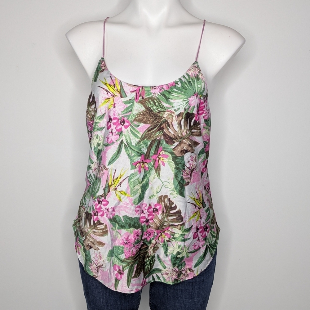 Victoria's Secret Pink Green Tropical Floral Satin Scoop Neck Pajama Tank Top M